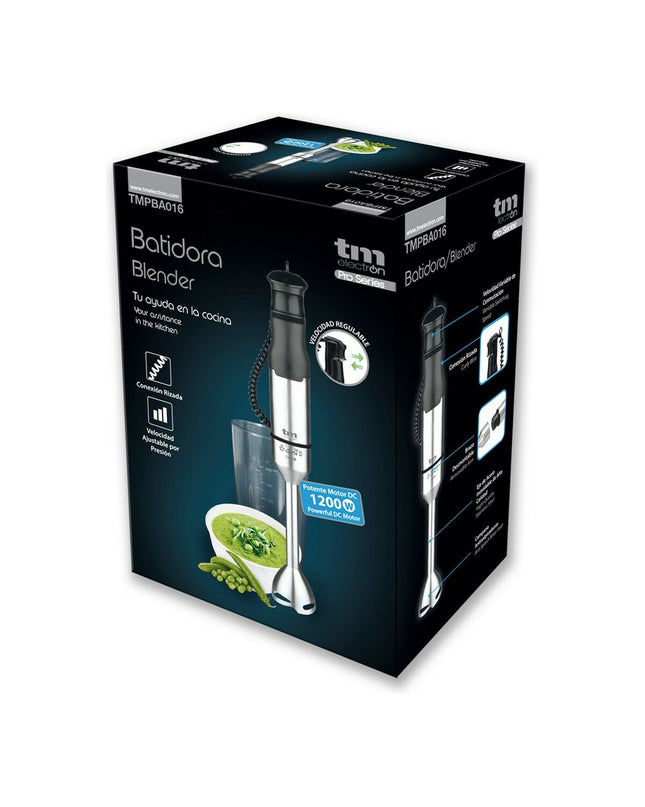 TM Electron hand blender in stainless steel with 1200W power, ideal for kitchen blending and cooking tasks.