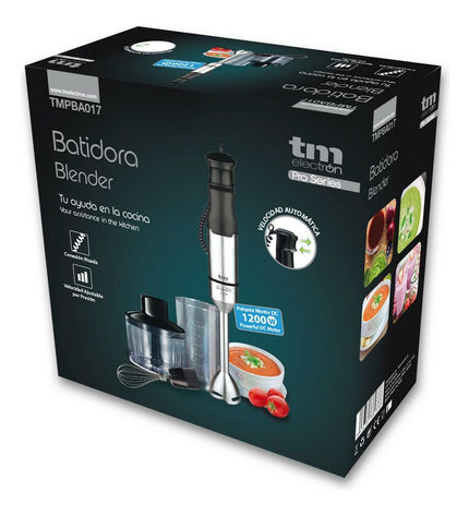 TM Electron hand blender in stainless steel with 1200W power, designed for home cooking and small electric kitchen appliances.