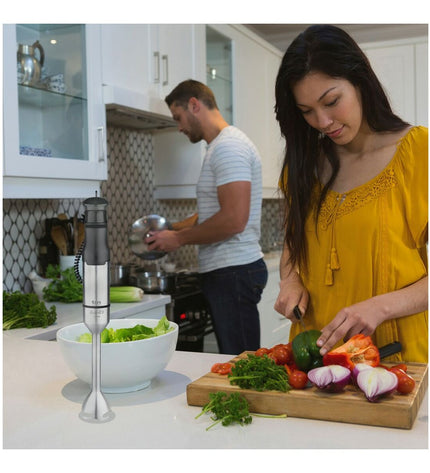 TM Electron handblender in stainless steel with 1200W power, suitable for home cooking and small kitchen appliances.