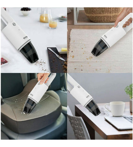 TM Electron Kruimelzuiger in action, handheld vacuum cleaner for household cleaning, small debris pickup on various surfaces.