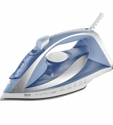 Blue TM Electron steam iron with 2830W power, featuring a sleek design and ergonomic handle for effective household ironing.