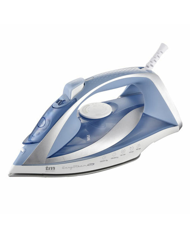 Blue TM Electron steam iron with 2830W power, featuring a sleek design and ergonomic handle for effective household ironing.