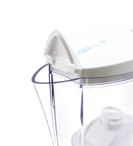 TM Electron 2.3L water jug with filter, kitchen home use, clear plastic kettle with filter and handle, on white background.