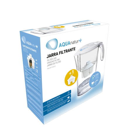 TM Electron water jug with filter, 2.3 L, showing the transparent plastic container with filter inside for house and kitchen use.