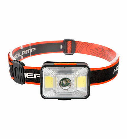 TM Electron headlamp for outdoor activities, showing adjustable strap and bright LED light for camping and hiking.