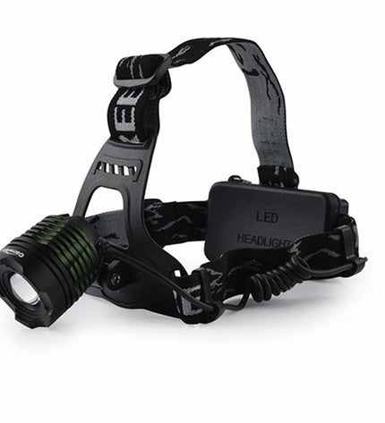 Black TM Electron 10W headlamp for outdoor sports, camping, and hiking, showing the LED light and adjustable strap.