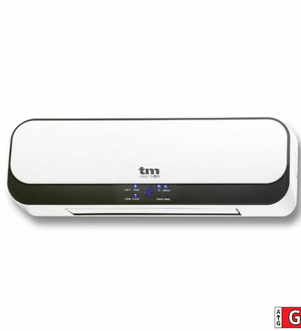 TM Electron 2000W black and white wall-mounted electric heater in a home setting, suitable for heating and cooling rooms.