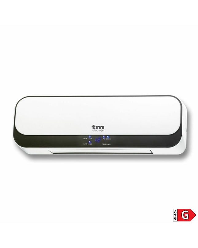 TM Electron 2000W black and white wall-mounted electric heater in a home setting, suitable for heating and cooling rooms.