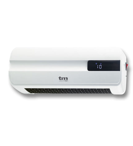 TM Electron 2000W white and black electric wall-mounted heater for home and kitchen use, compact and modern design.