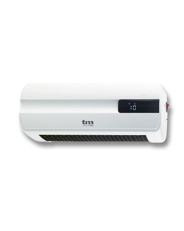 TM Electron 2000W white and black electric wall-mounted heater for home and kitchen use, compact and modern design.