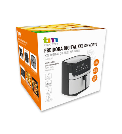 TM Electron luchtfriteuse with 6.5L capacity, 1700W, compact electric fryer for home cooking, black and silver design