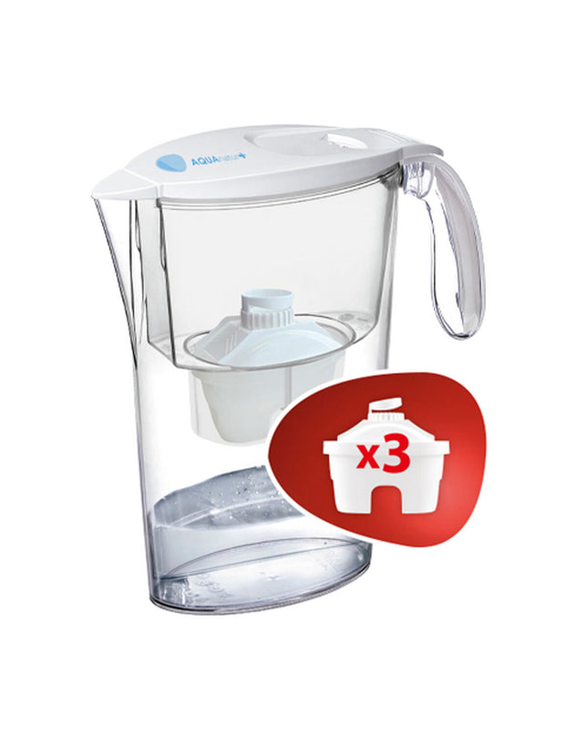 Transparent plastic water jug with filter, TM Electron, 2.3L capacity, shown with four components for home and kitchen use.