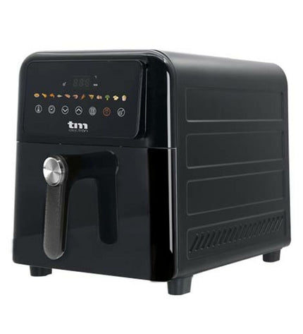 TM Electron luchtfriteuse with 9L capacity, 2000W, compact kitchen appliance for healthy frying, black and stainless steel finish.