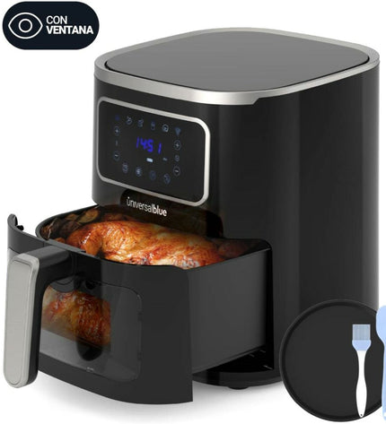 Universal Blue Luchtfriteuse 6005 in zwart with 5L capacity, compact electric air fryer for home cooking.