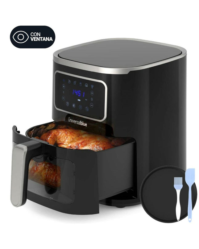 Universal Blue Luchtfriteuse 6005 in zwart with 5L capacity, compact electric air fryer for home cooking.