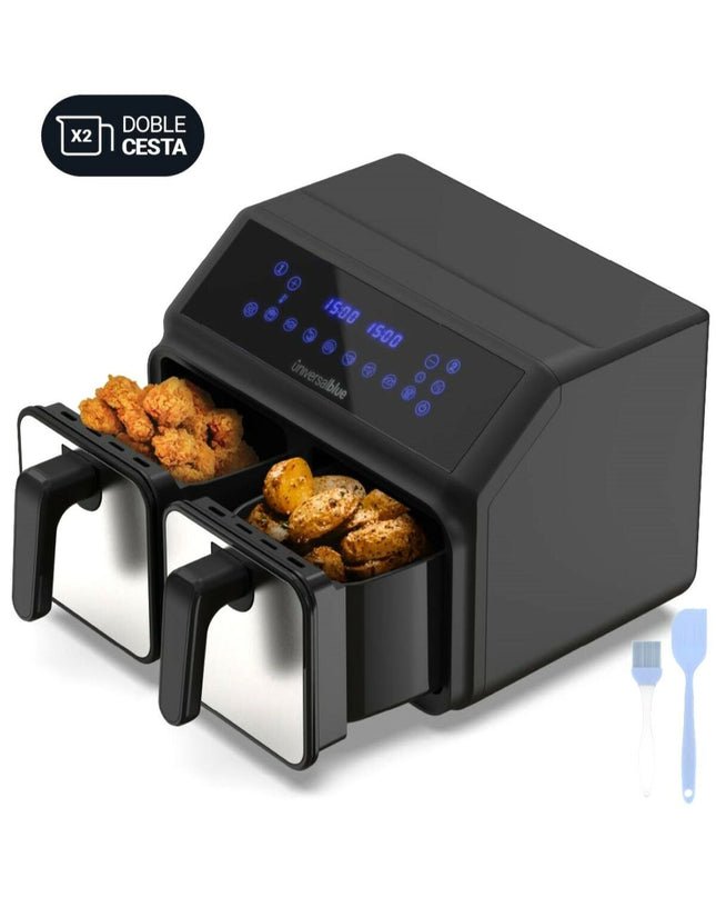 Universal Blue Luchtfriteuse 6008DB, small electric kitchen appliance for healthy frying, shown with digital controls and compact design.