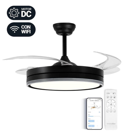 Universal Blue plafondventilator voor huis en koken, draagbare airconditioning in zwart en blauw, met bladen en bedieningsknoppen