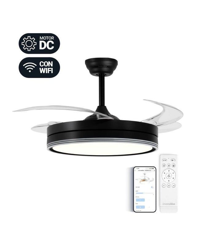 Universal Blue plafondventilator voor huis en koken, draagbare airconditioning in zwart en blauw, met bladen en bedieningsknoppen