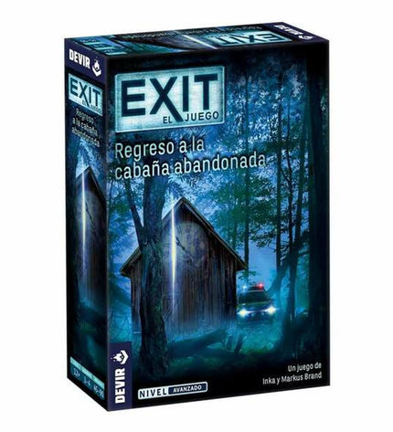 Devir Exit escape room board game titled "El Retorno A La Cabaña Abandonada" with game components on a table.