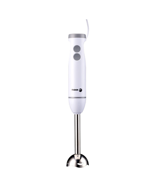 Fagor Divamix Wish 1000W hand blender with stainless steel shaft, blending ingredients in a kitchen setting.