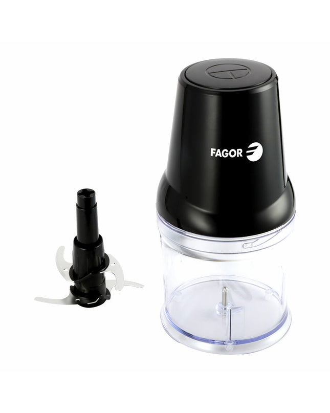 Fagor EasyCut plastic food processor with 400W motor and 500ml capacity, compact kitchen appliance for chopping and slicing.