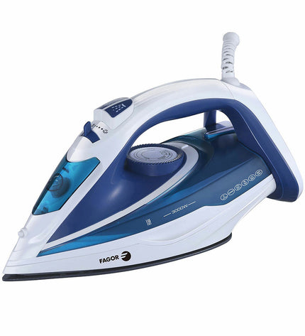 Fagor Comforta steam iron with 3000W power, shown on a flat surface, featuring a sleek design and ergonomic handle.