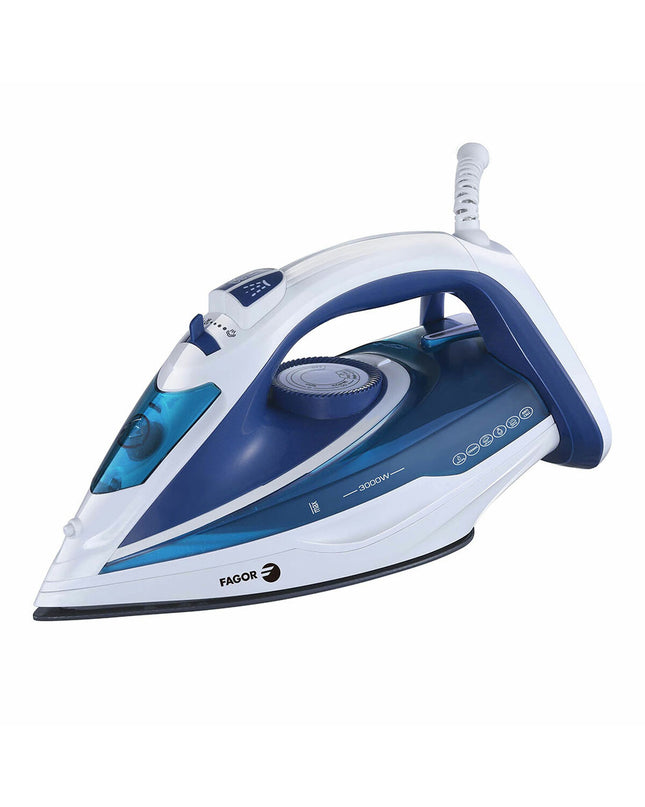 Fagor Comforta steam iron with 3000W power, shown on a flat surface, featuring a sleek design and ergonomic handle.