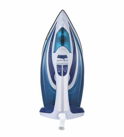Fagor Comforta steam iron with 3000W power, white and blue design, measuring 32x13.5x15.7 cm, for home ironing.