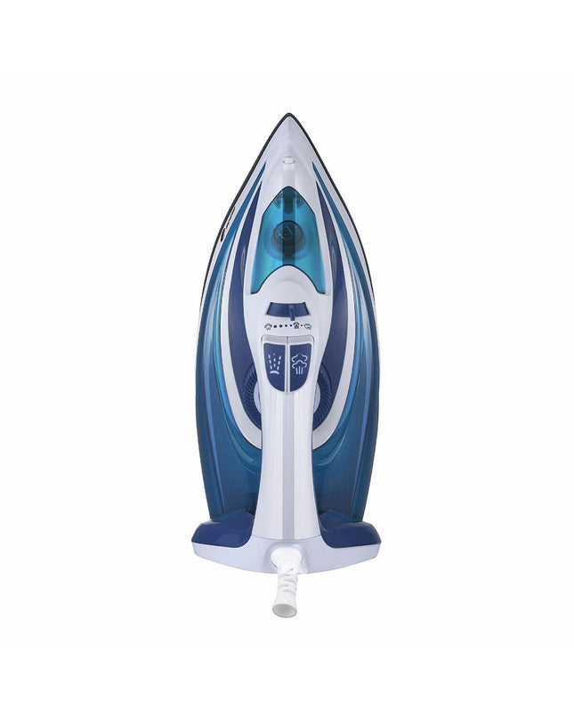 Fagor Comforta steam iron with 3000W power, white and blue design, measuring 32x13.5x15.7 cm, for home ironing.