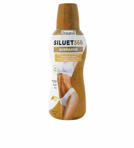 Drasanvi Siluet 360 Mandarijn vetverbrandingssupplement in 600 ml bottle, health and personal care product with orange flavor.