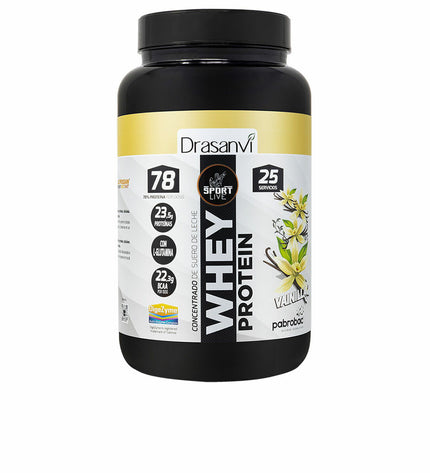 Vanilla Drasanvi Whey Protein 750 g container, showing the supplement jar with label details for health and nutrition.