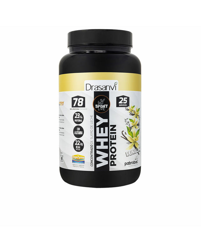 Vanilla Drasanvi Whey Protein 750 g container, showing the supplement jar with label details for health and nutrition.