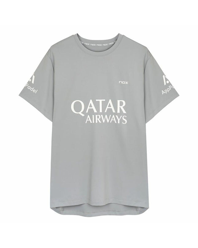 Light grey Nox Sport men's short sleeve tennis T-shirt with sporty design, ideal for outdoor tennis and sports activities.