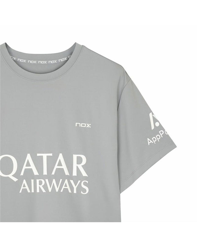 Light gray Nox Sport men's short-sleeve tennis T-shirt with breathable fabric and athletic fit, ideal for outdoor tennis play.