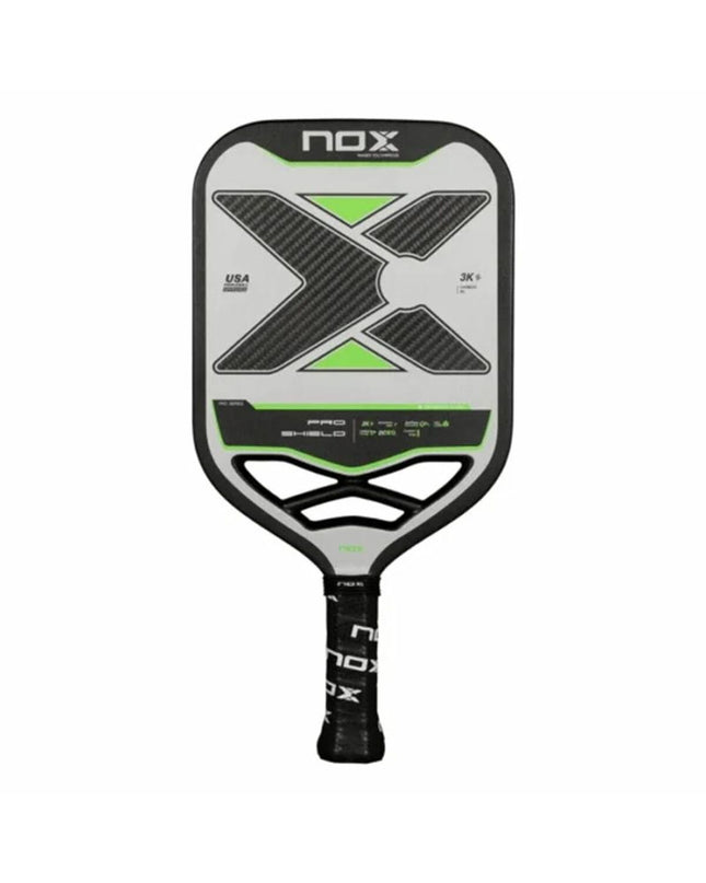 Nox Pro Shield pickleball paddle with black carbon fiber surface, designed for paddle tennis, by Nox Sport.