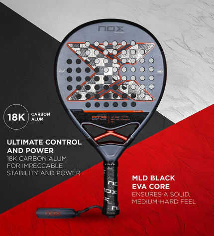 Nox-Xtreme AT10 Genius padel racket with 12K carbon fiber face, sporty design, and ergonomic handle for paddle tennis.