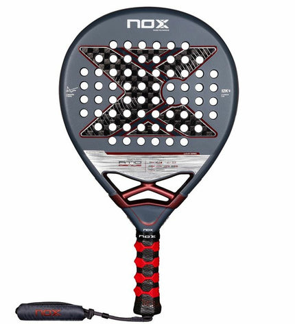 Nox-Xtreme AT10 Genius Padel Racket with 12K carbon fiber, designed for paddle tennis, featuring a sleek black and blue grip.
