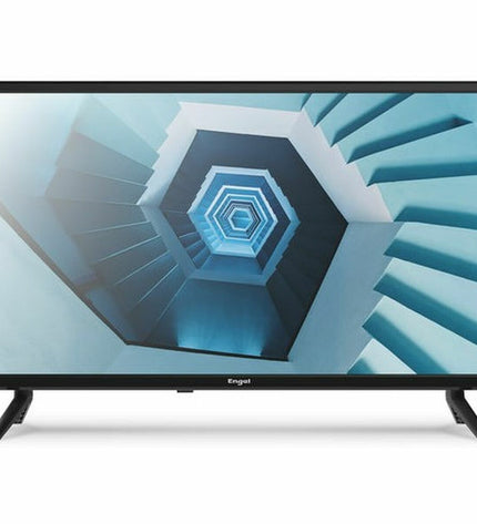 Engel LE2466T2 HD 24-inch LED TV showing a scene from a movie with a sleek black frame and screen display.