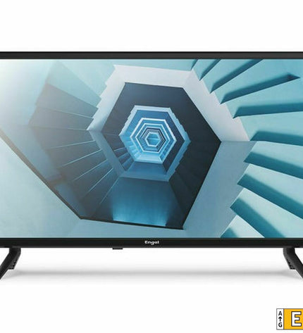 Engel LE2466T2 HD 24-inch LED TV displaying a colorful screen with icons, in a home entertainment setup.