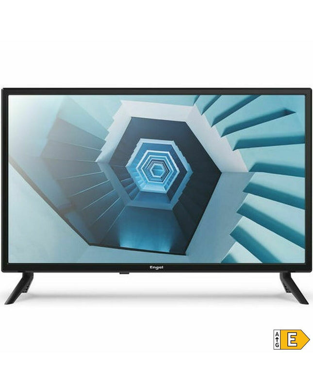 Engel LE2466T2 HD 24-inch LED TV displaying a colorful screen with icons, in a home entertainment setup.