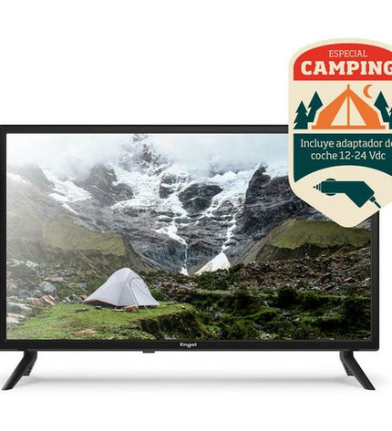 Engel LE2462CA 24-inch HD LED Smart TV showing a colorful screen with video content and sleek black frame.