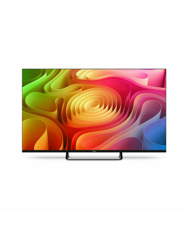 Engel LE4395QLED 43-inch 4K Ultra HD Smart TV with slim bezel, displaying vibrant colorful picture on screen.