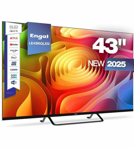 Engel LE4395QLED 43-inch 4K Ultra HD smart TV with slim bezel and screen displaying vibrant colorful images.