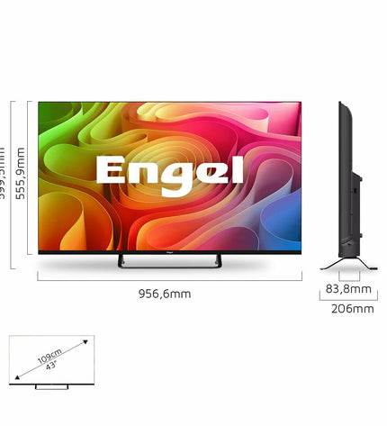 Engel LE4395QLED 43-inch 4K Ultra HD Smart TV displaying vibrant images in a modern living room setting.