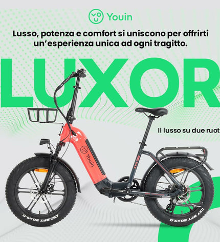 Youin Luxor II Koraal electric bike with 250W motor, sport and outdoor design, shown in a vibrant coral color.