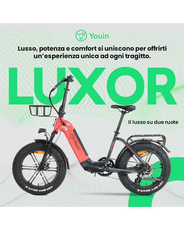 Youin Luxor II Koraal electric bike with 250W motor, sport and outdoor design, shown in a vibrant coral color.