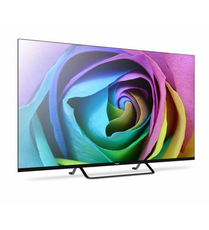 Engel LE4394QLED Smart TV with 43-inch screen, sleek black design, and thin bezels, ideal for home entertainment and video viewing.