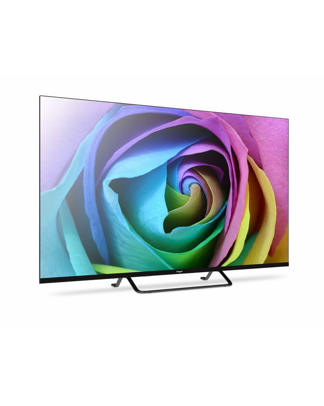 Engel LE4394QLED Smart TV with 43-inch screen, sleek black design, and thin bezels, ideal for home entertainment and video viewing.