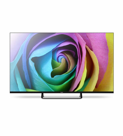 Engel LE4394QLED 43-inch Smart TV displaying vibrant images, sleek black frame, and slim design for home entertainment.