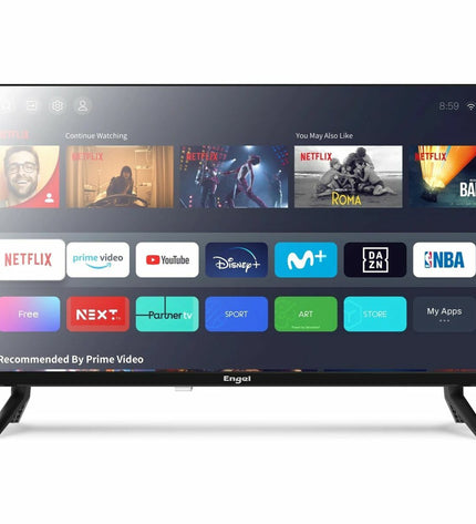 Engel LE2486SM 24-inch LED Smart TV with slim black frame, screen displaying colorful images, ideal for home entertainment.
